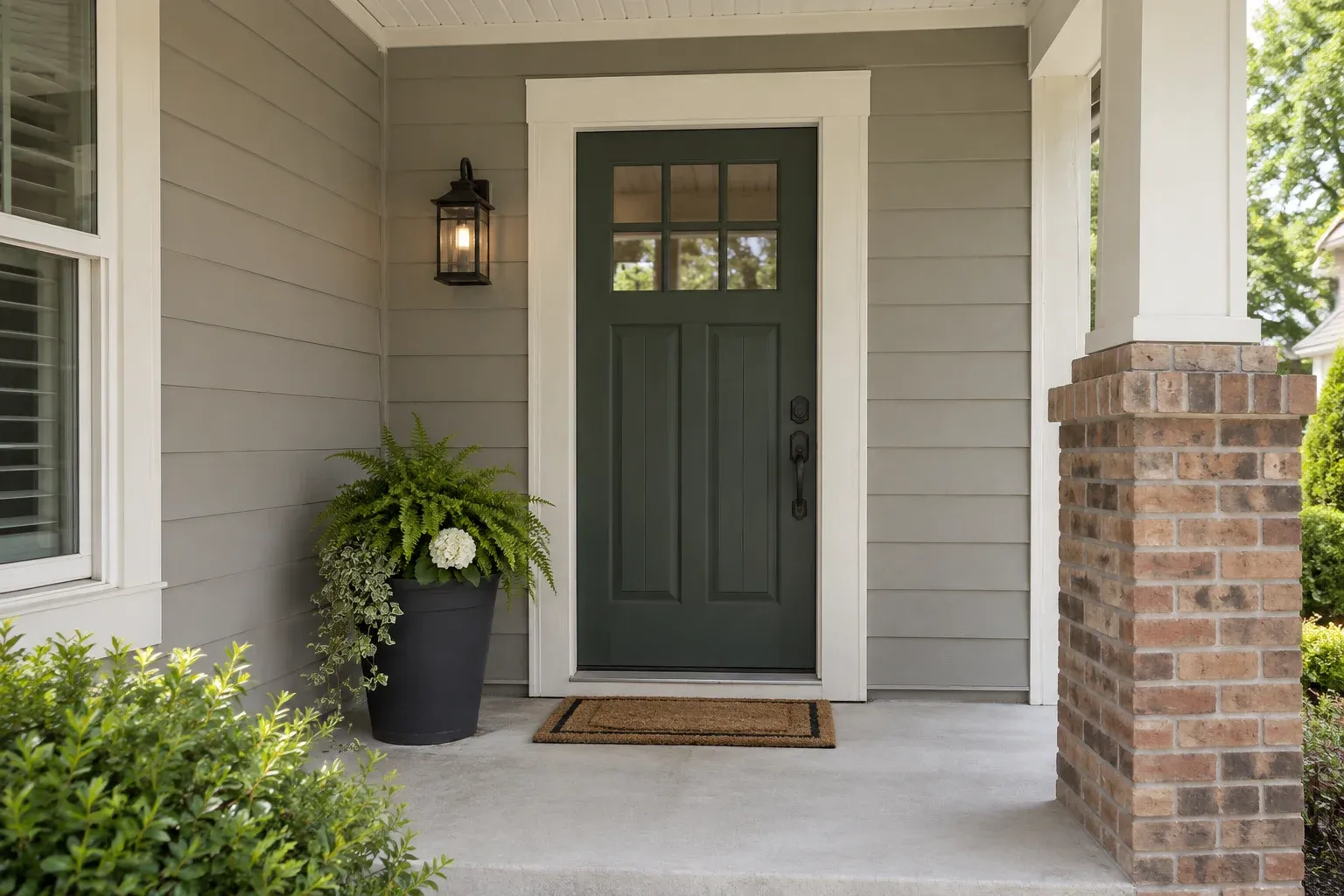 Warm-gray siding, cream trim and a deep green front door beside a brick porch pier.