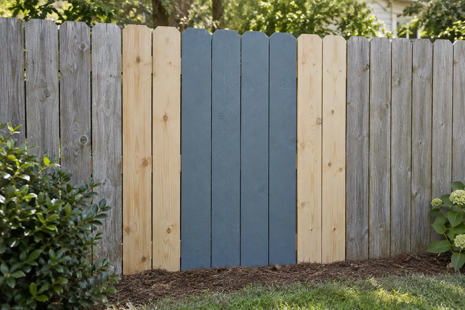 Illustrative blue-gray paint test section spanning new and older fence boards.