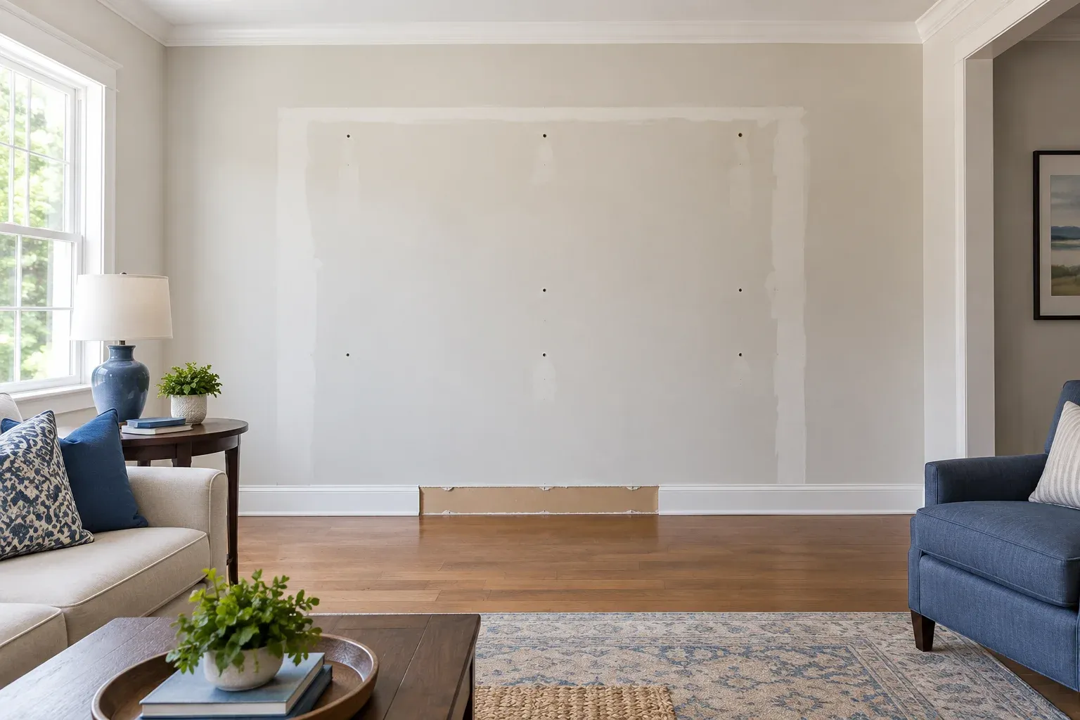 Illustrative living room with wall outlines and a baseboard gap left after built-in shelving removal.