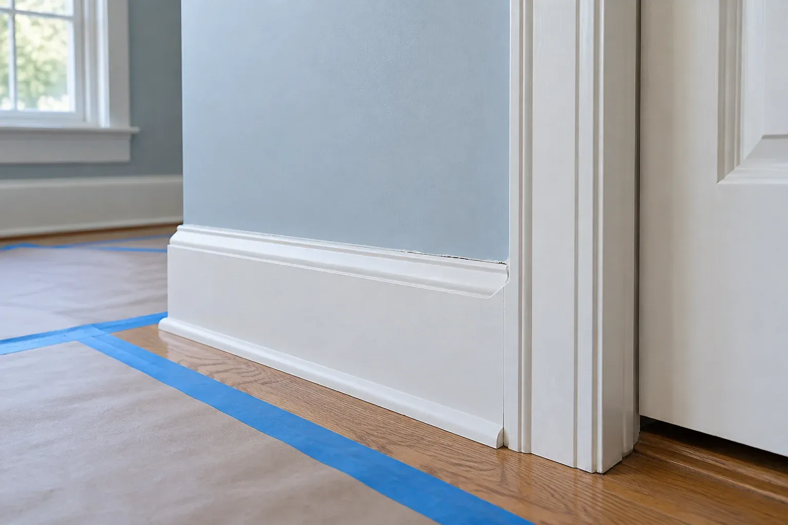 White baseboard and door casing with a small trim-to-wall gap before an interior repaint.