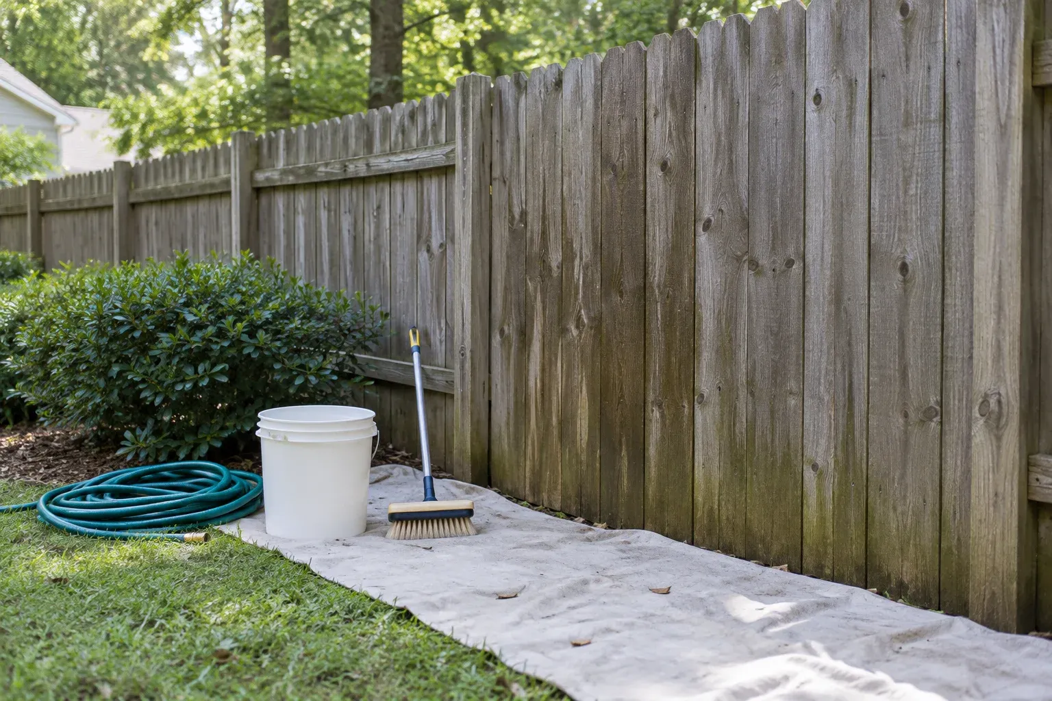 Plain bucket, scrub brush and coiled garden hose on a protective covering beside a muted gray-brown wooden fence with slightly damp boards.
