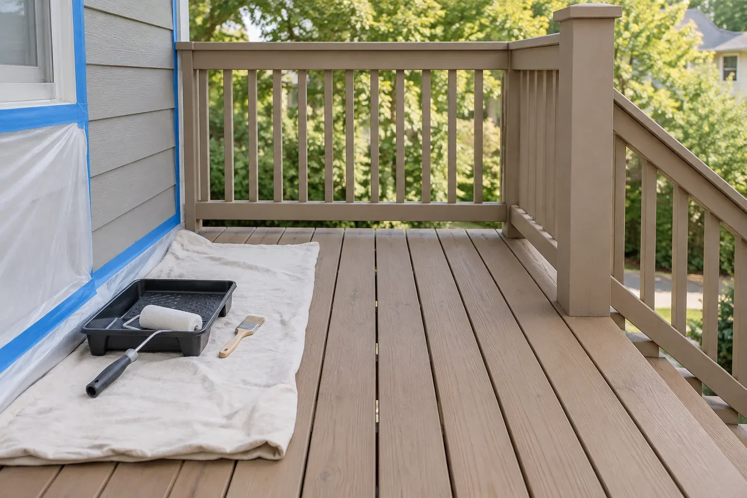 Illustrative deck painting setup with protected siding, open board gaps, and tools positioned away from the stairs.