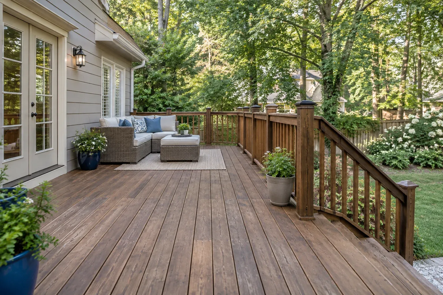 Wood deck with an existing brown stain and gradual wear along the walking path.