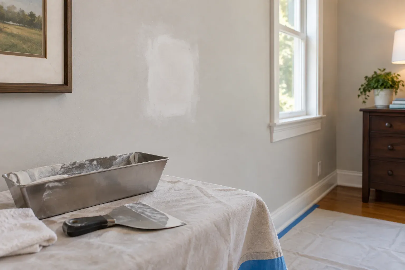 A localized drywall patch with feathered edges above a protected worktable.