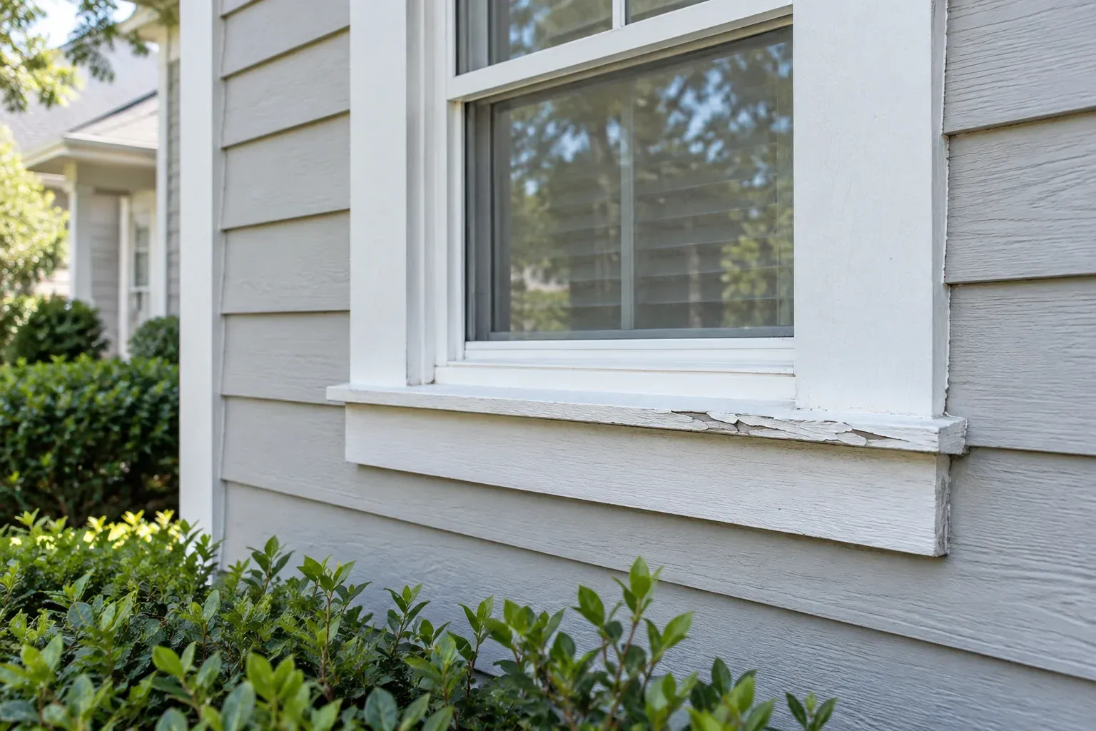Clean painted siding around a window with localized peeling paint on the lower trim.