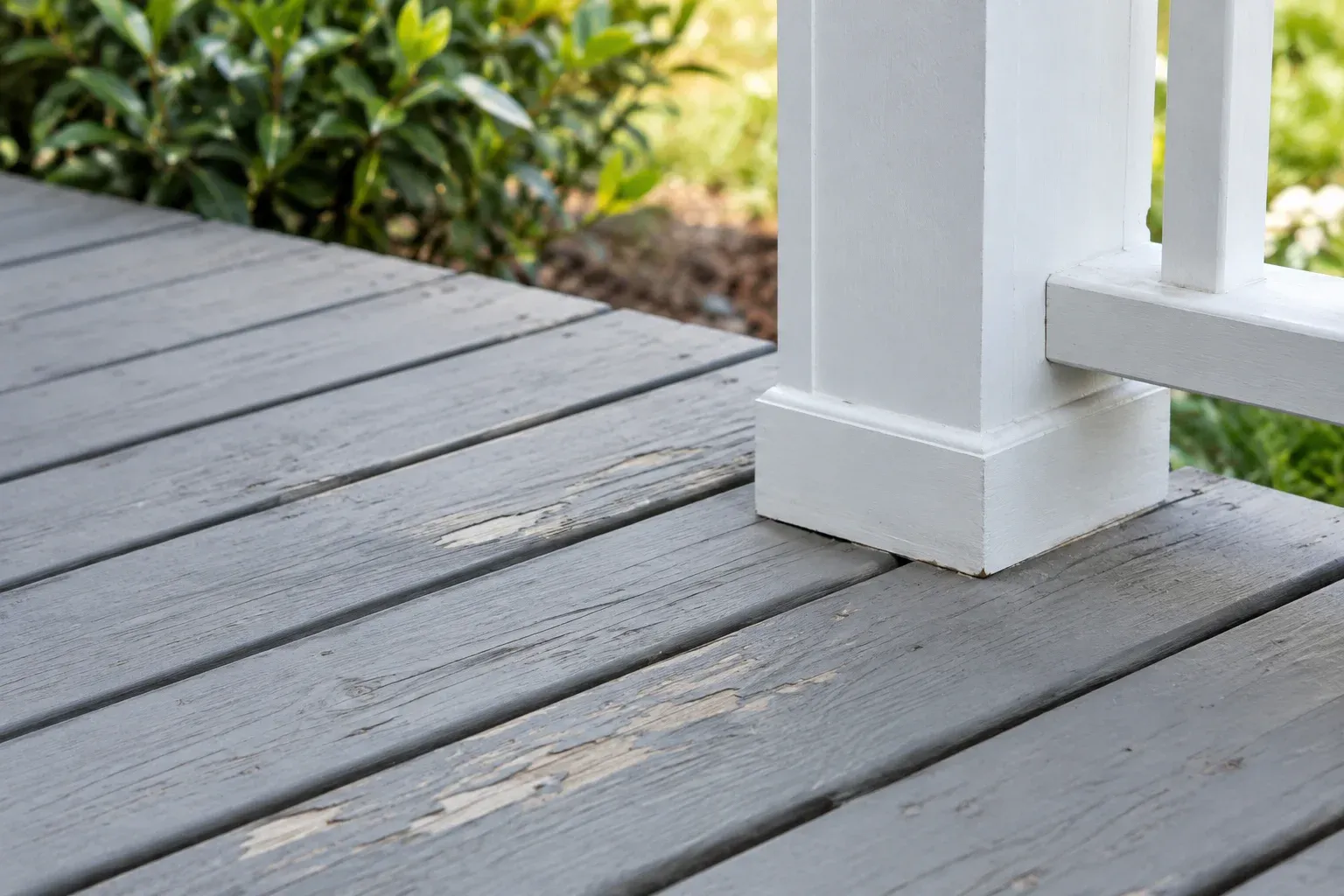 Illustrative close-up comparing localized peeling deck-floor paint with intact paint on a sheltered post.