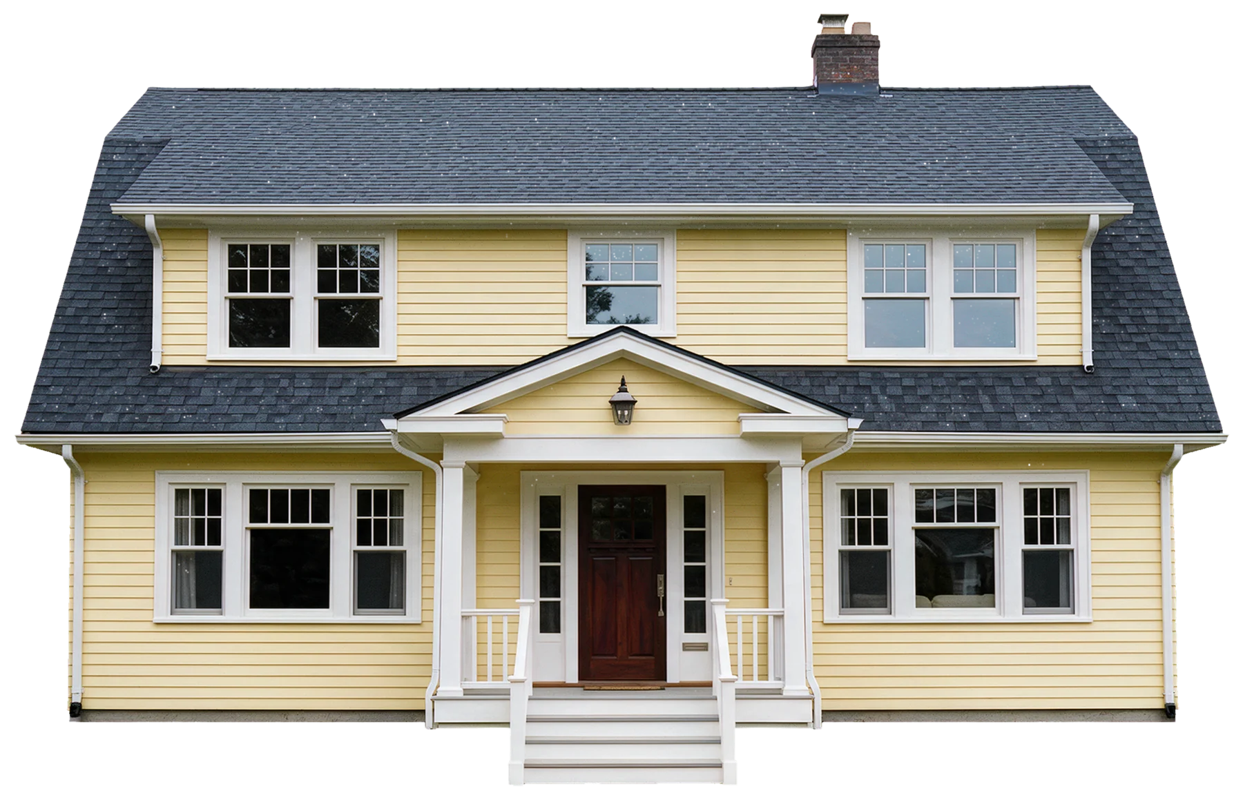 A freshly painted two-story house with pale yellow lap siding, white trim and a dark gambrel roof.