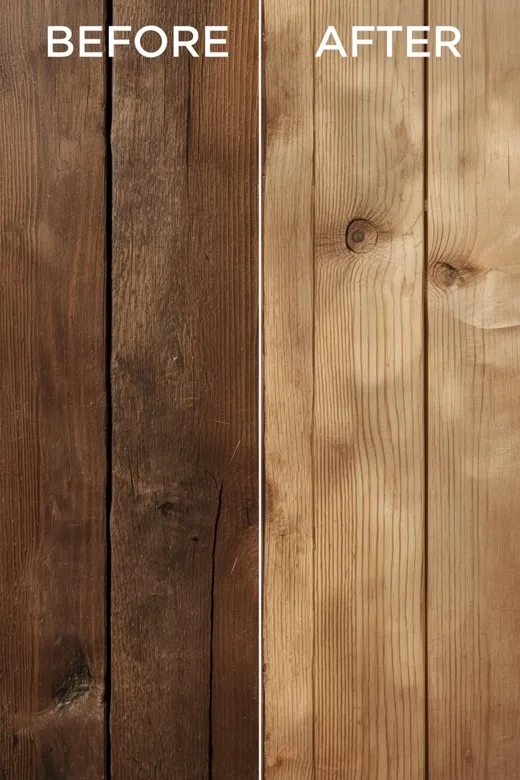 Weathered dark boards beside the same wood sanded and refinished to a light natural tone.